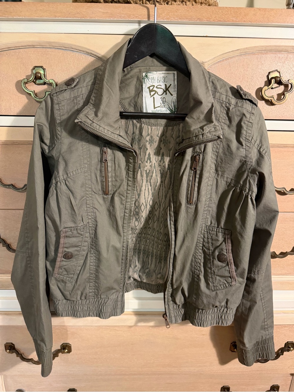Olive Green Casual Zip-Front Jean Jacket